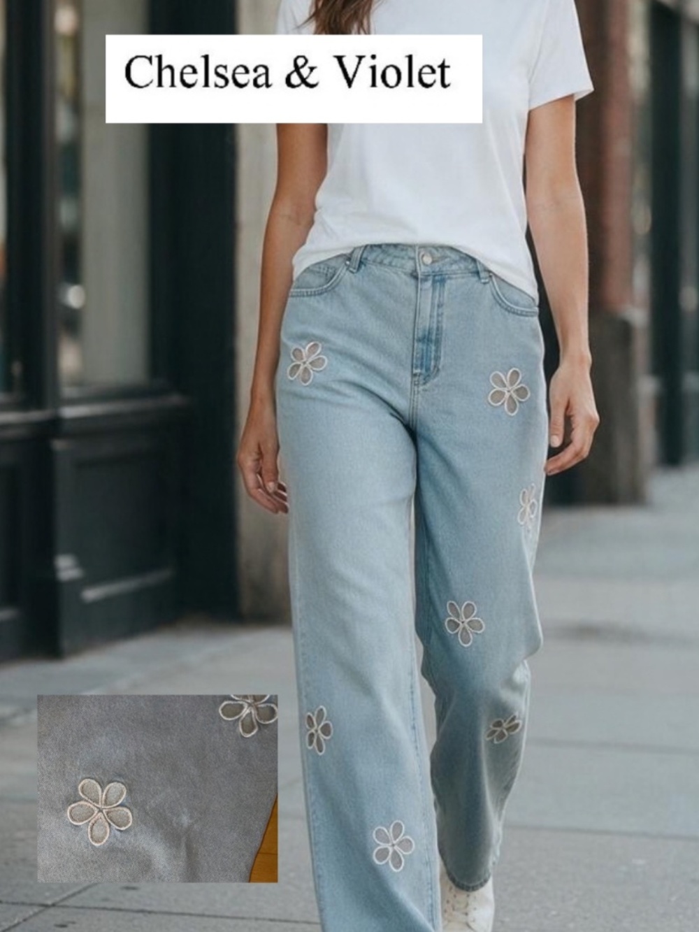 Chelsea & Violet Large Embroidered Daisy cutout jeans, 32  GP1624